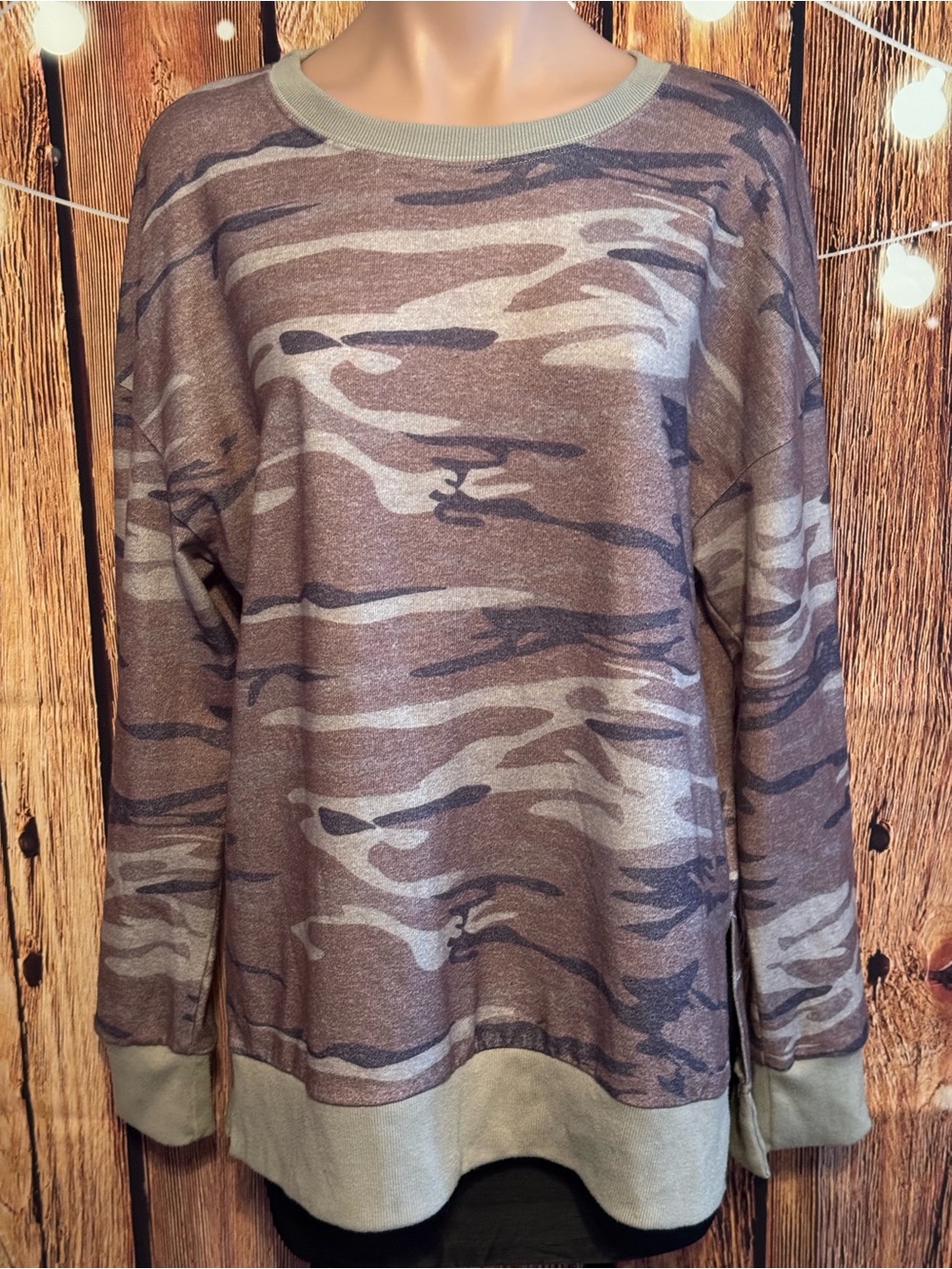 Camo Print Long Sleeve Pullover Tunic Top - Brown, Tan & Charcoal